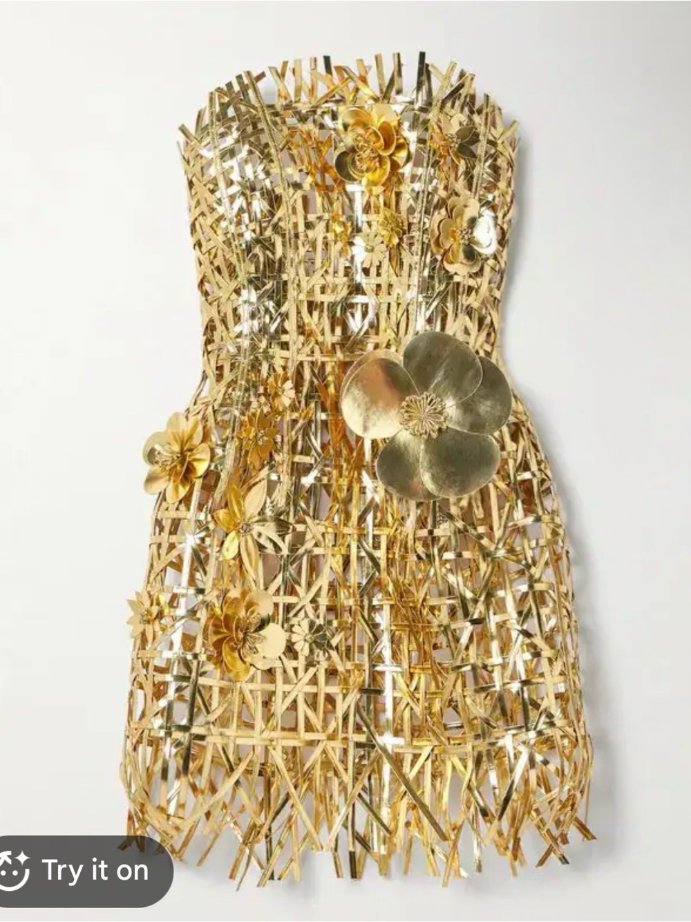 Oscar de la Renta gold strapless appliqué faux leather mini dress